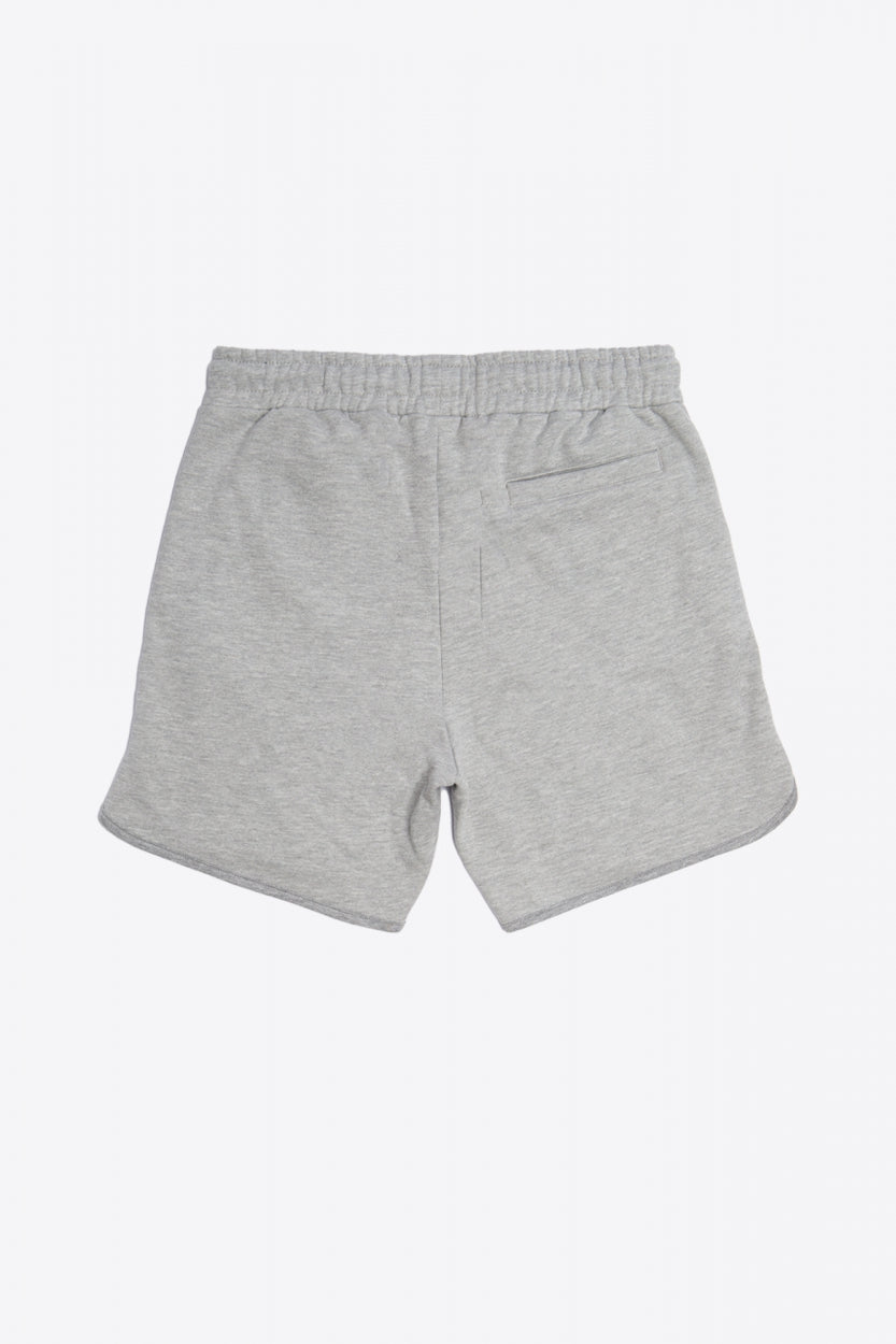 Man wearing the Osaka Men padel shorts in grey with green logo on it. Back flatlay view