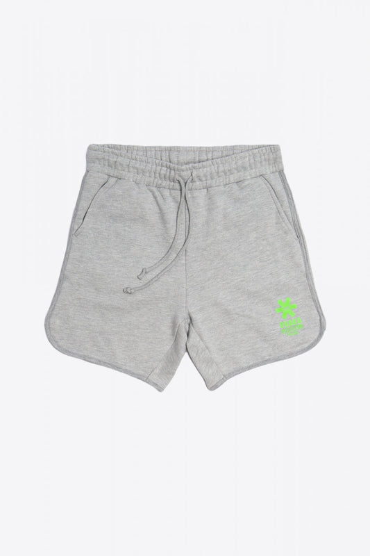 Osaka Men padel shorts in grey with green logo on it. Front flatlay view