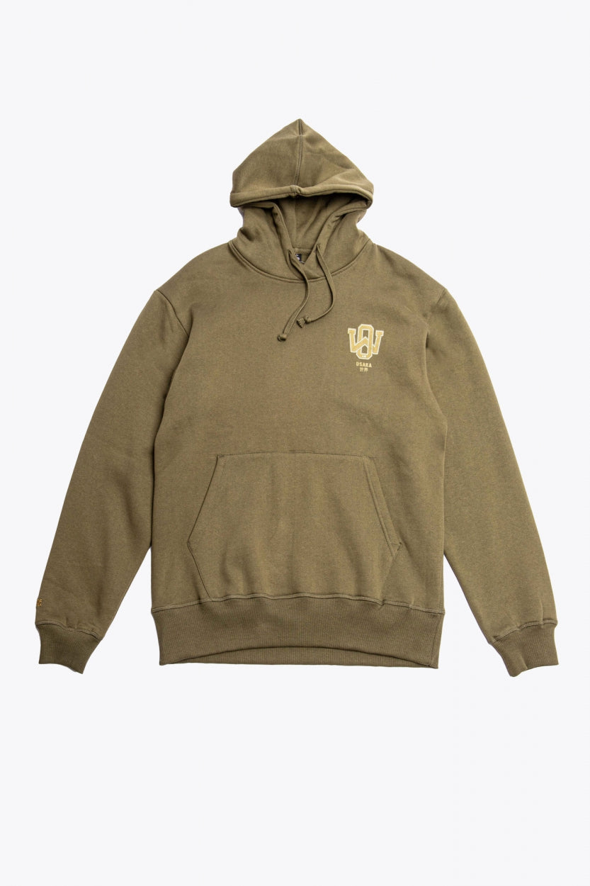 the Osaka unisex hoodie in army green with college initials in yellow. Front flatlay view