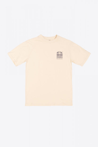 Osaka unisex tee in cream with logo in grey. Front flatlay view