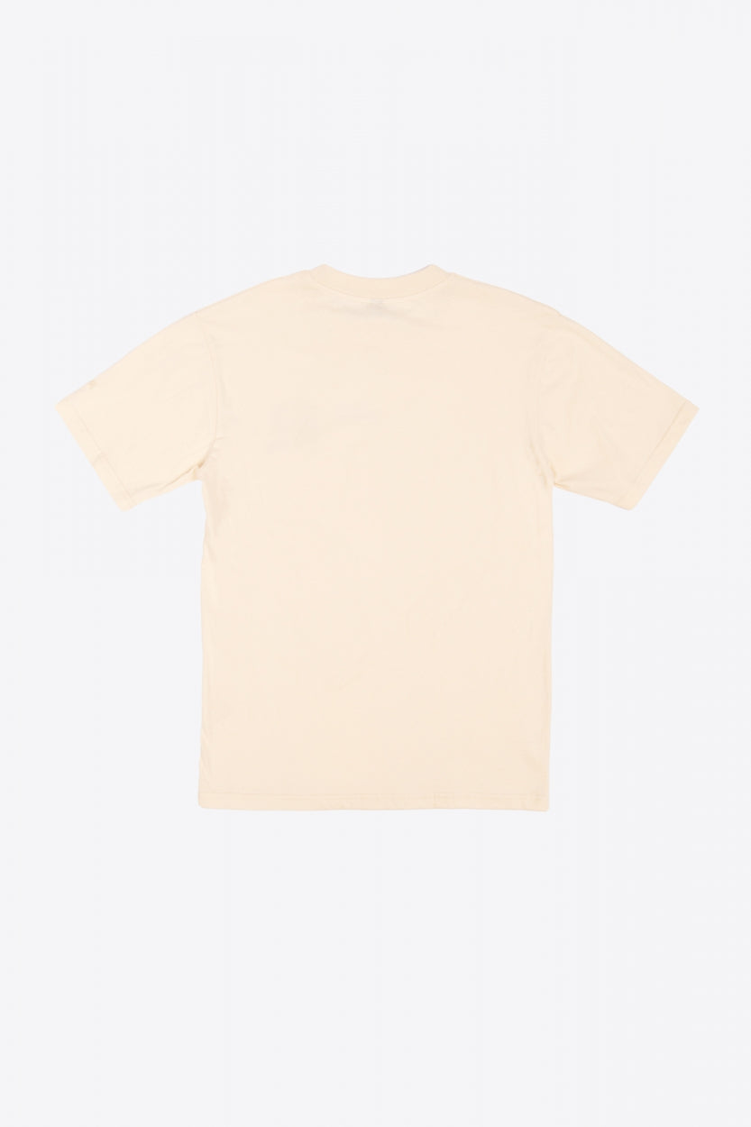 Osaka unisex tee in cream with logo in grey. Back flatlay view