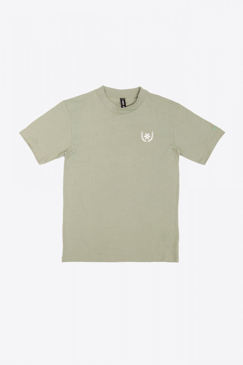 Osaka unisex tee in iceberg green with white logo. Front flatlay view