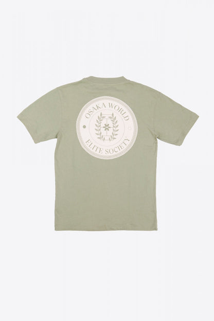 Osaka unisex tee in iceberg green with white logo. Back flatlay view
