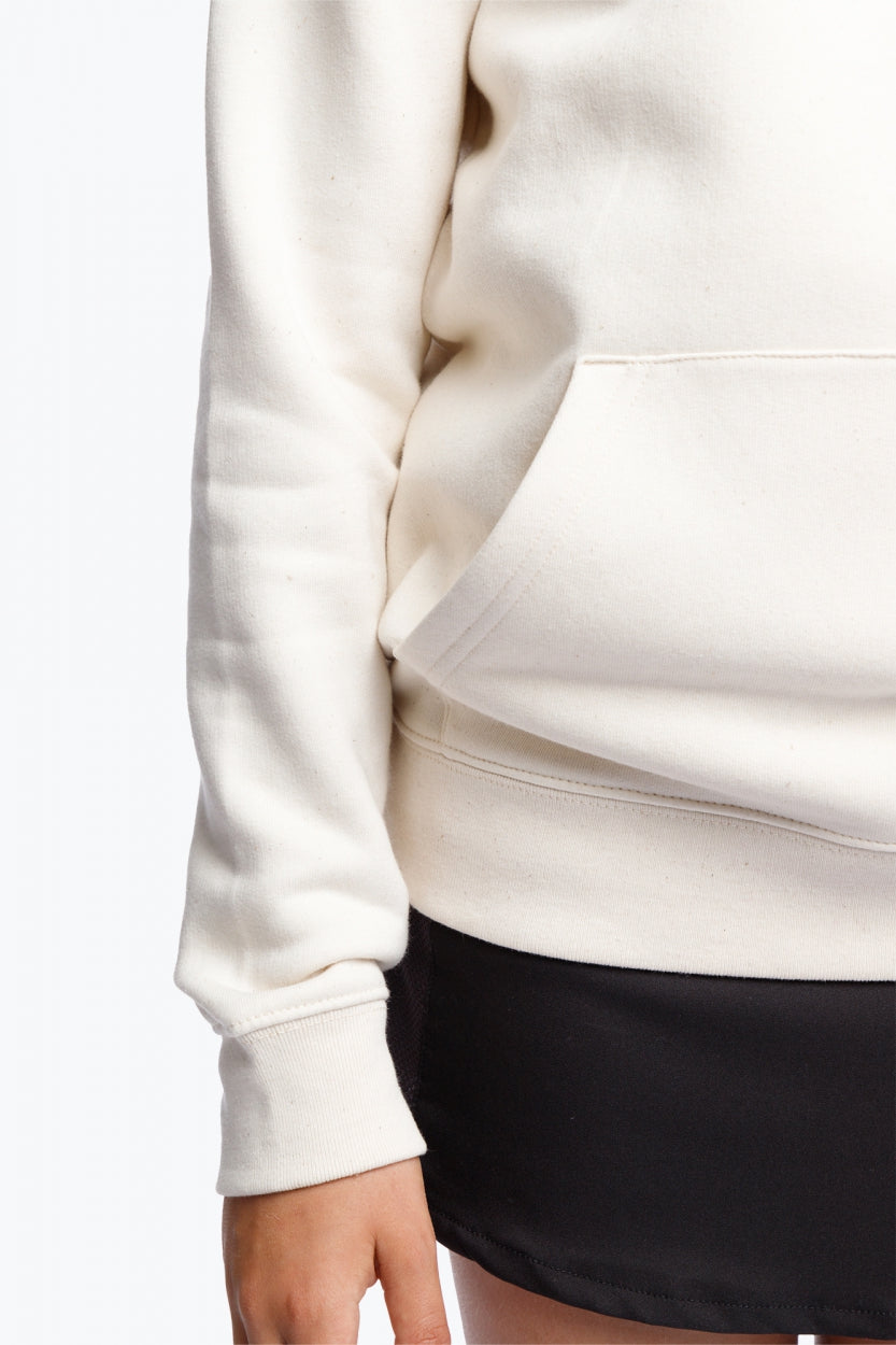 Osaka kids hoodie in natural raw with college letters. Detail sleeve view