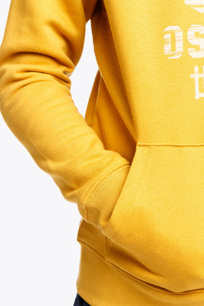 Osaka kids hoodie in ochre and marker logo in white. Detail view sleeve