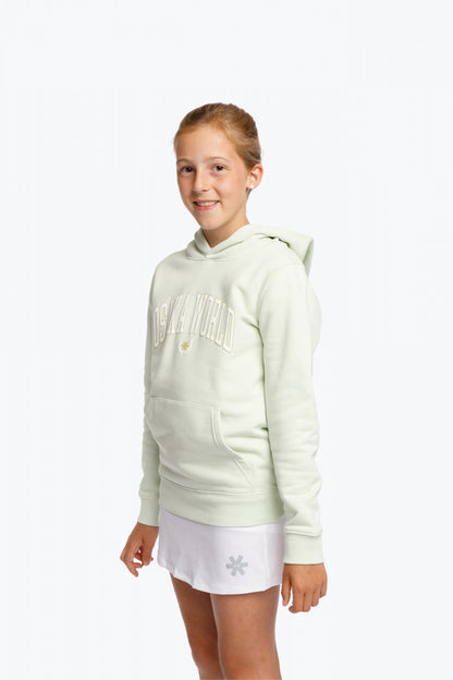 Girl wearing the Osaka kids hoodie in mint green with logo in college letters in white. Front/side view