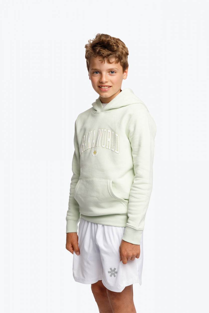 Boy and girl wearing the Osaka kids hoodie in mint green with logo in college letters in white. Front view