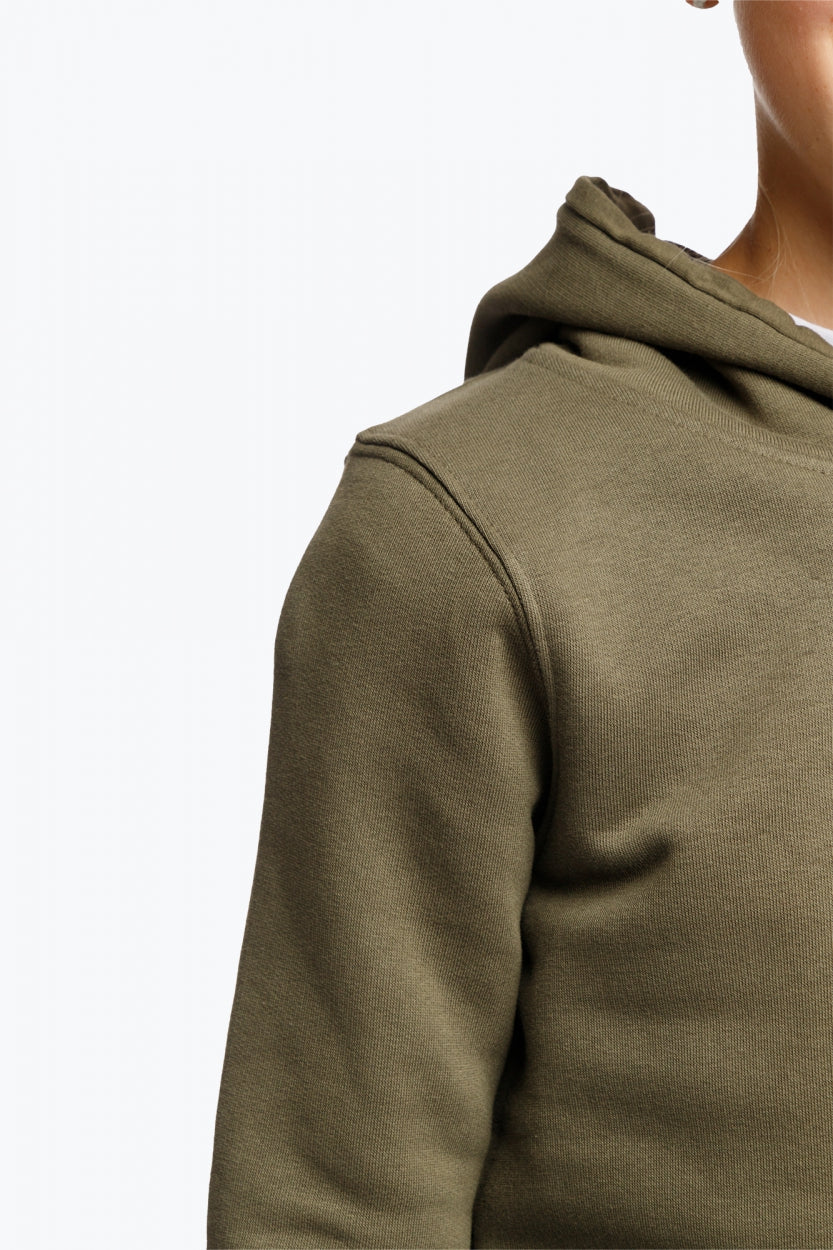Osaka kids hoodie in khaki. Front detail view shoulder