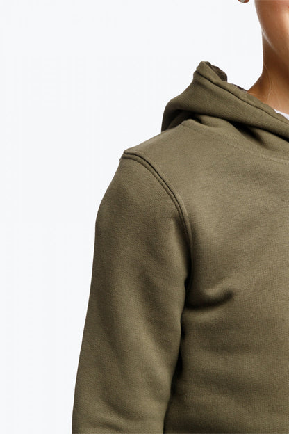 Osaka kids hoodie in khaki. Front detail view shoulder
