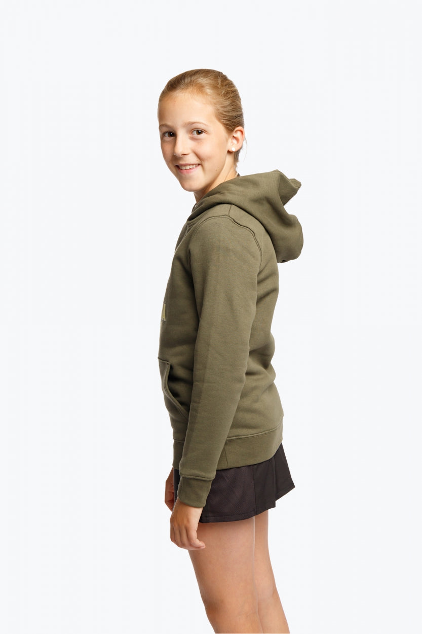 Girl wearing the Osaka kids hoodie in khaki with yellow logo. Side view