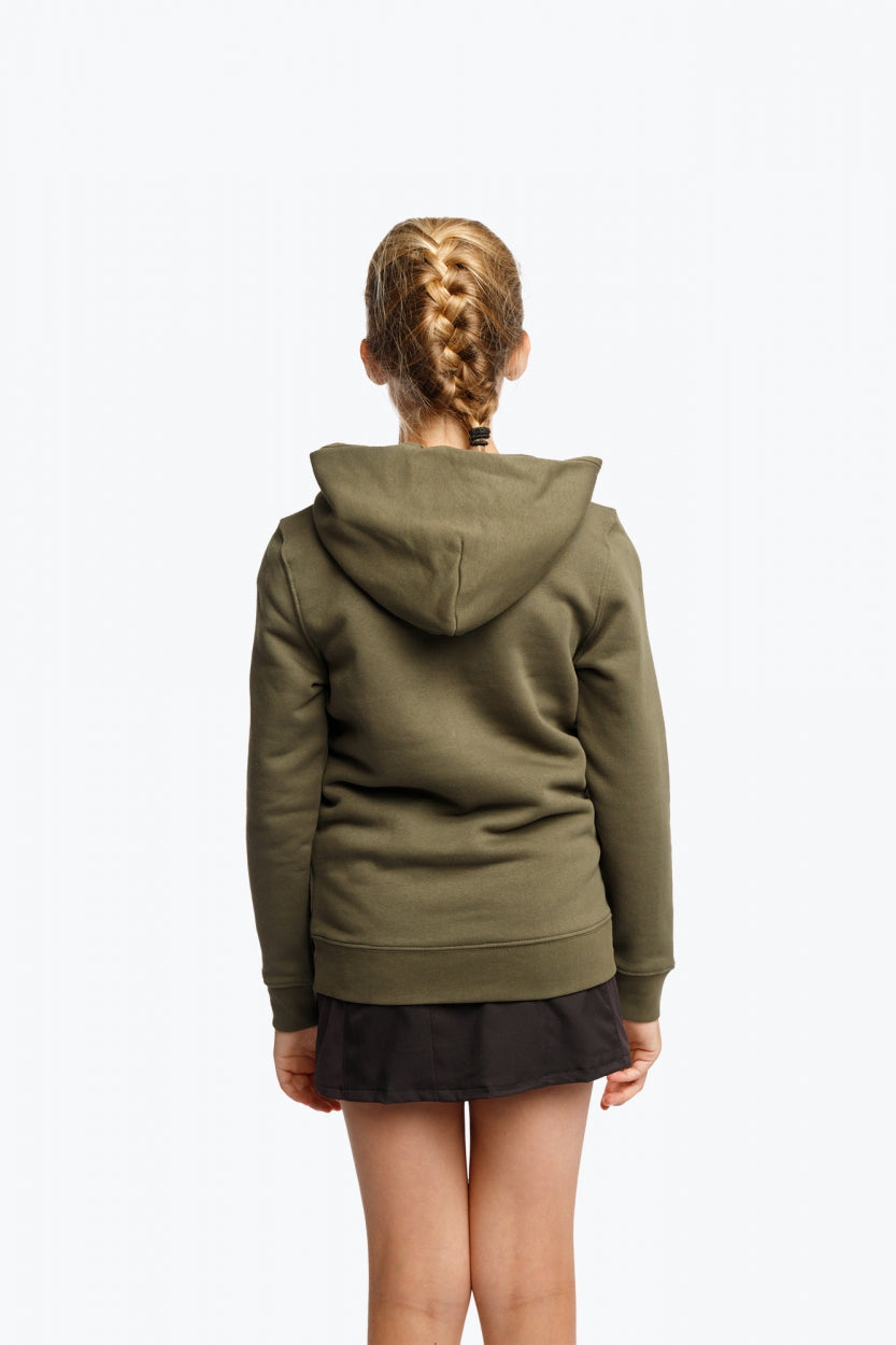 Girl wearing the Osaka kids hoodie in khaki. Back view