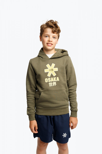 Boy wearing the Osaka kids hoodie in khaki with yellow logo. Front view