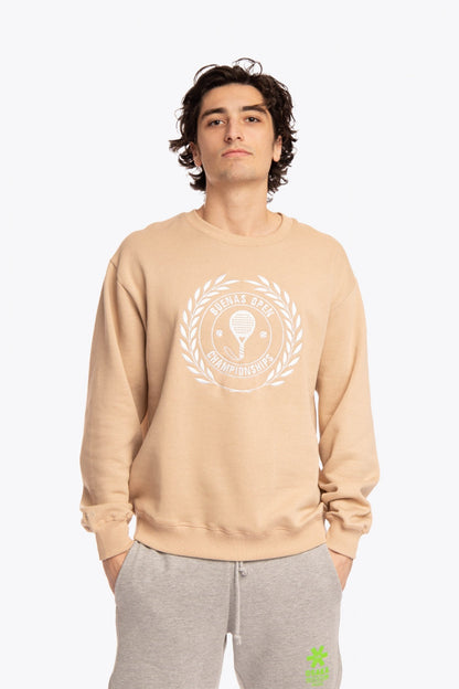 Man wearing the Osaka x Buenas Open sweater in stone. Front view