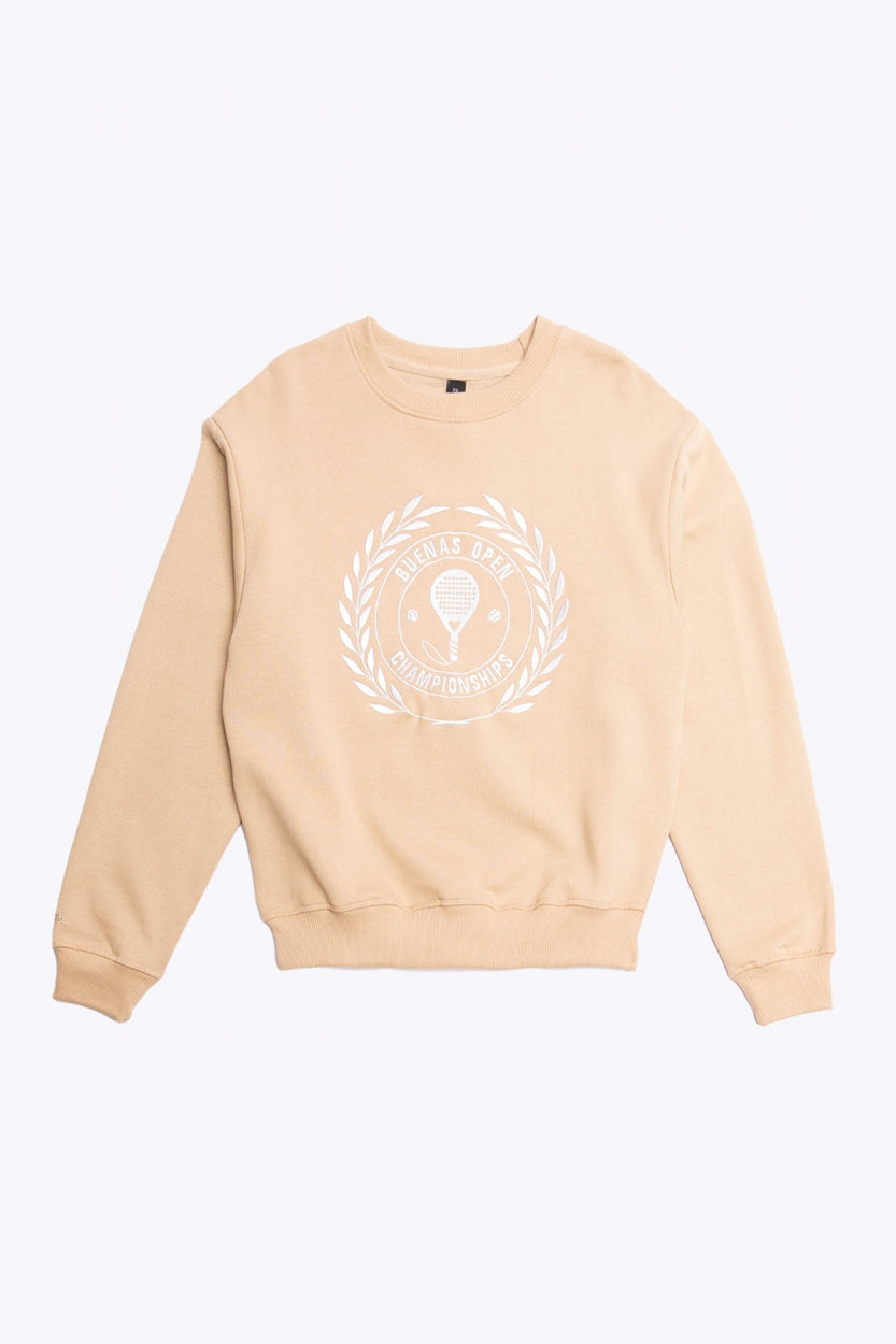 Osaka x Buenas Open sweater in stone. Front flatlay view