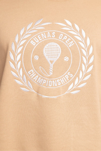 Osaka x Buenas Open sweater in stone. Front detail logo view