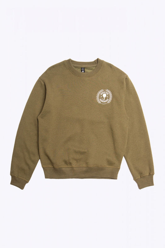 Osaka x Buenas Open sweater in army green. Front flatlay view