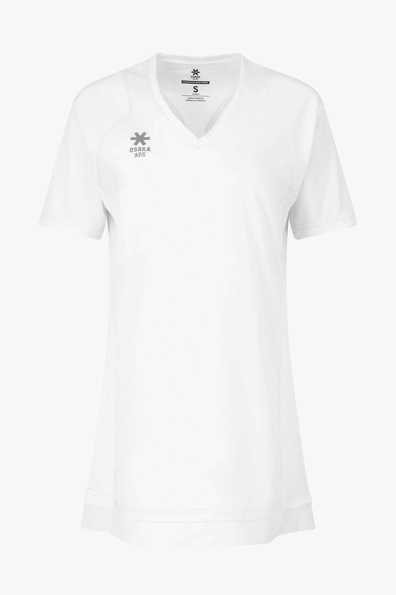 Osaka women v-neck tech dress in white with logo in grey. Front flatlay view