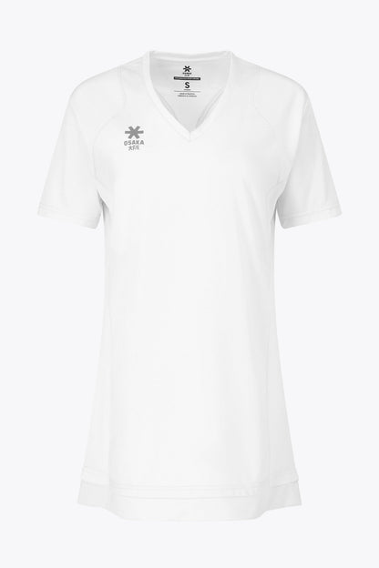 Osaka women v-neck tech dress in white with logo in grey. Front flatlay view