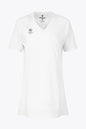 Osaka women v-neck tech dress in white with logo in grey. Front flatlay view