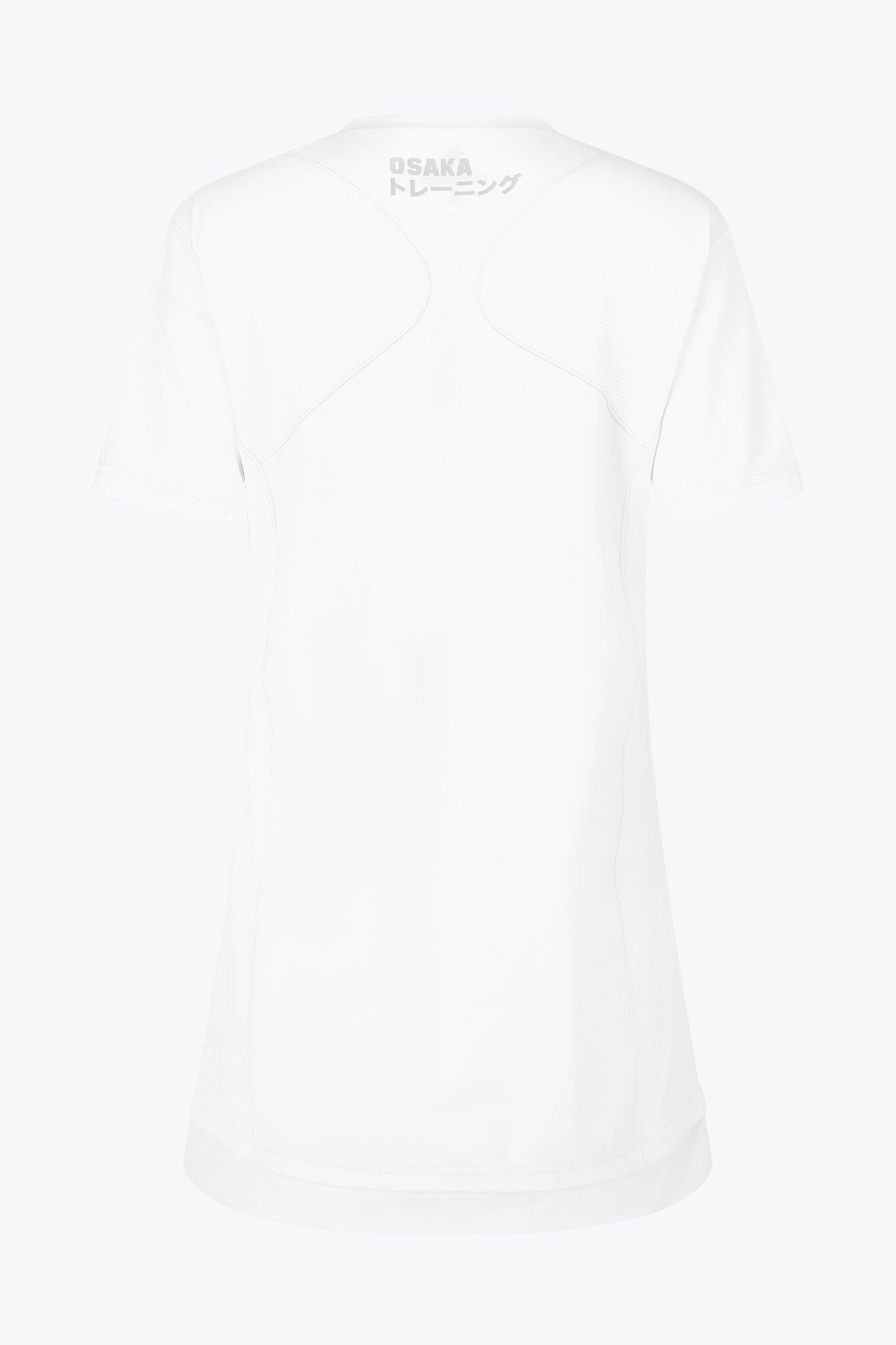 Osaka women v-neck tech dress in white with logo in grey. Back flatlay view