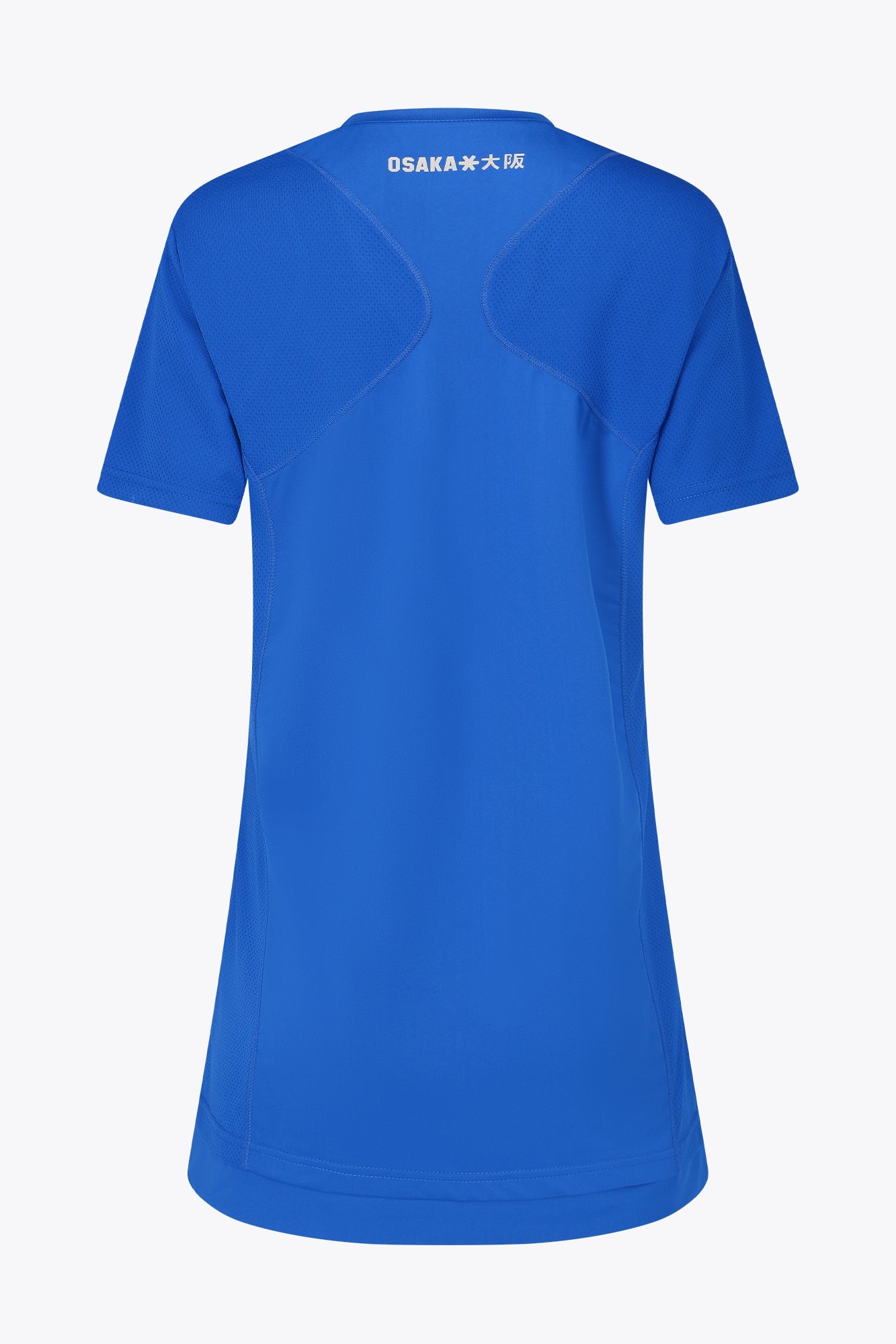 Osaka women v-neck tech dress in princess blue with logo in grey. Back flatlay view