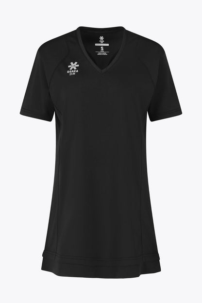Women v-neck tech dress in black with logo in grey. Front flatlay view