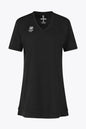 Women v-neck tech dress in black with logo in grey. Front flatlay view