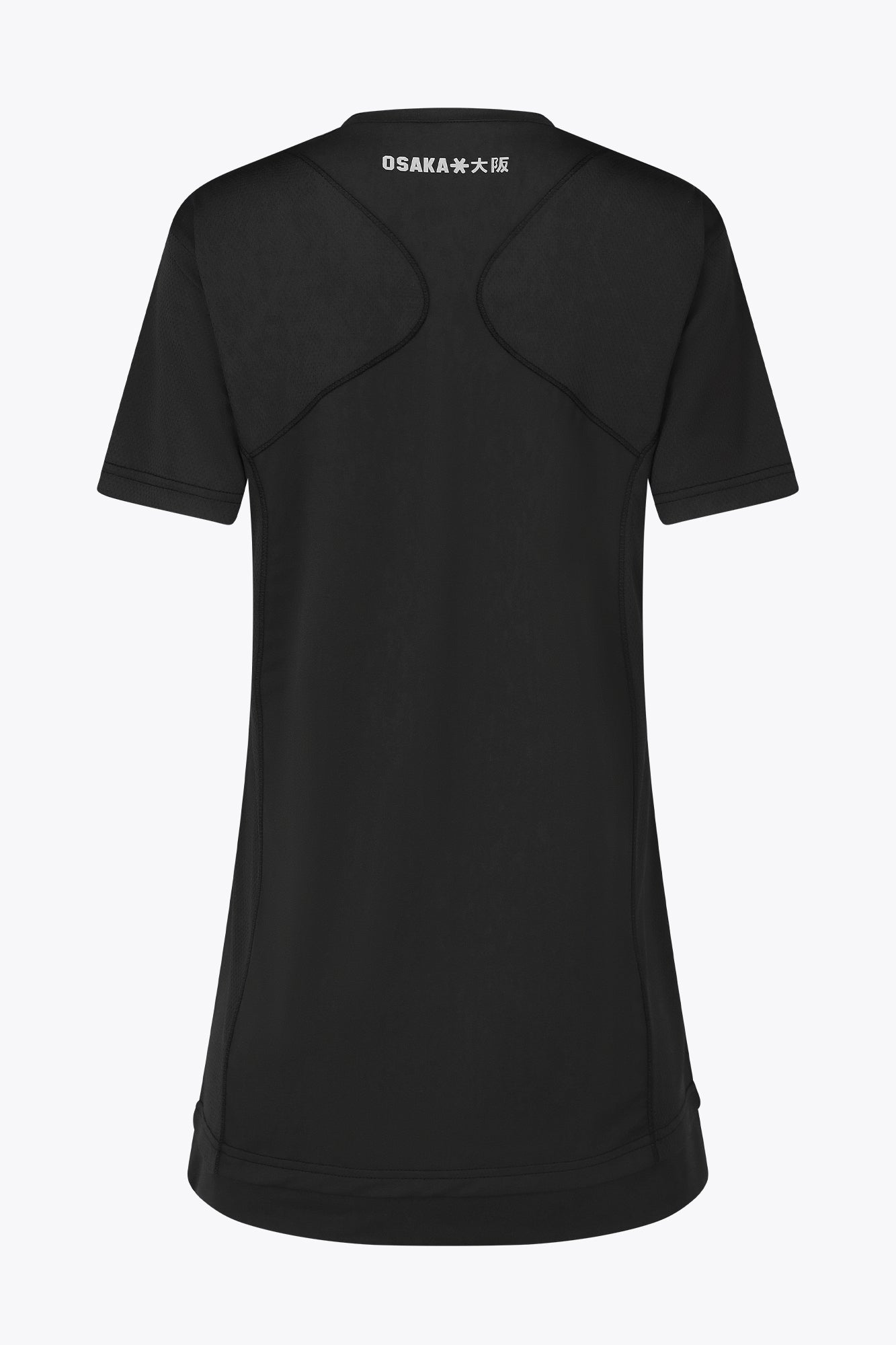 Osaka women v-neck tech dress in black with logo in grey. Back flatlay view