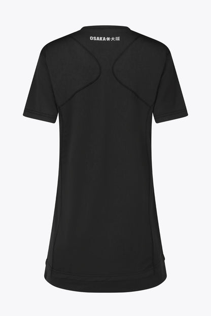 Osaka women v-neck tech dress in black with logo in grey. Back flatlay view