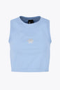 Osaka women tech tank top in manor blue with logo in grey. Front flatlay view