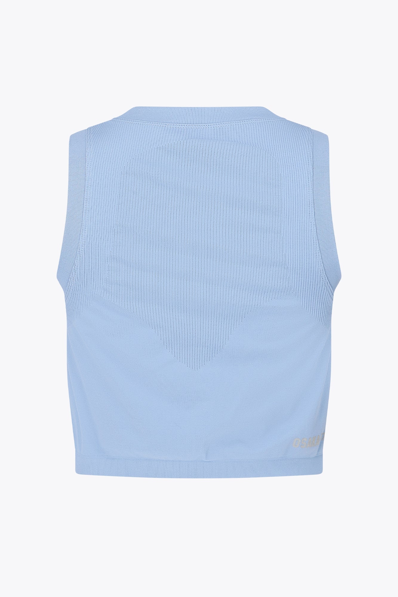 Osaka women tech tank top in manor blue with logo in grey. Back flatlay view