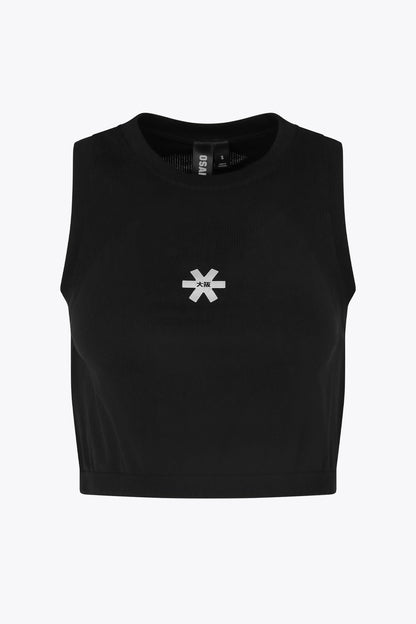 Osaka women tech tank top in black with logo in grey. Front flatlay view