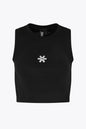Osaka women tech tank top in black with logo in grey. Front flatlay view