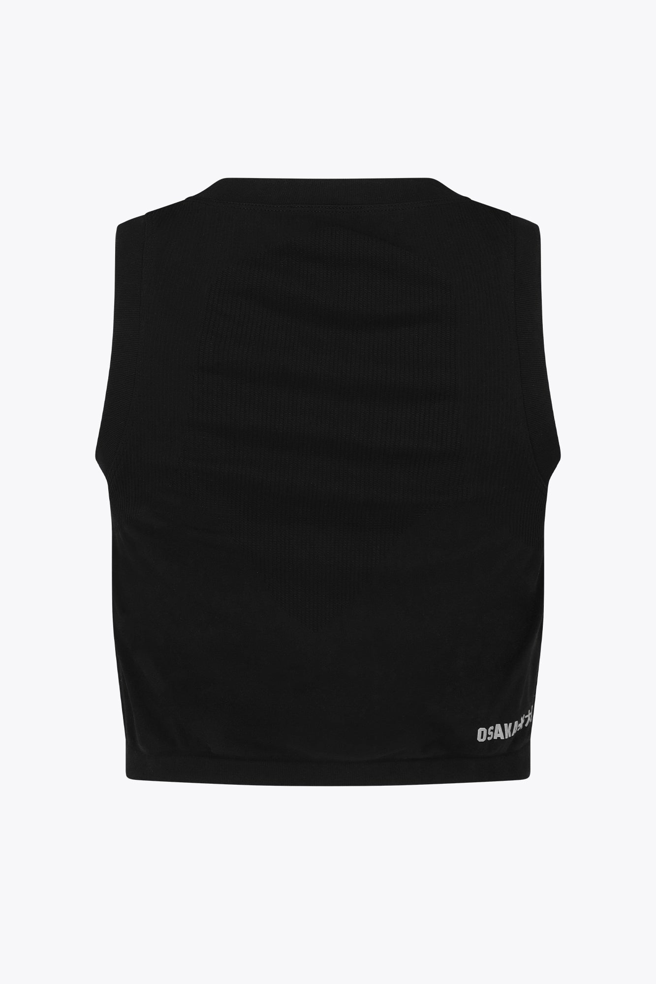 Osaka women tech tank top in black with logo in grey. Back flatlay view