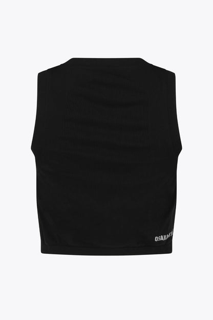 Osaka women tech tank top in black with logo in grey. Back flatlay view