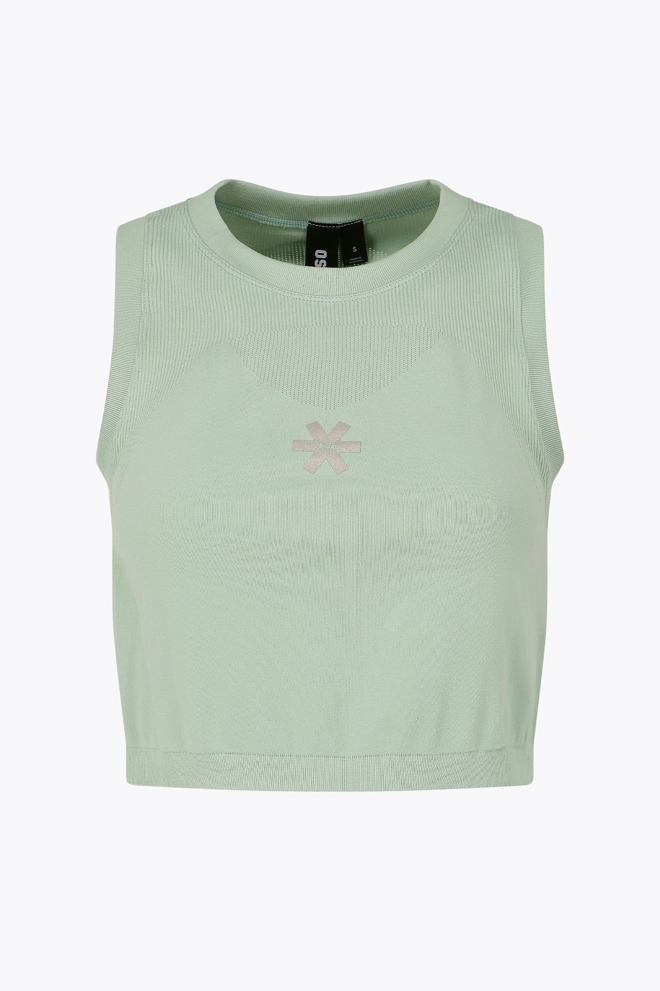 Osaka women tech tank top in jadeite with logo in grey. Front flatlay view
