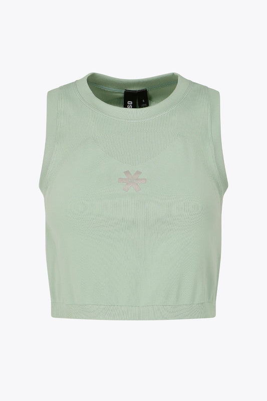 Osaka women tech tank top in jadeite with logo in grey. Front flatlay view