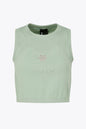 Osaka women tech tank top in jadeite with logo in grey. Front flatlay view