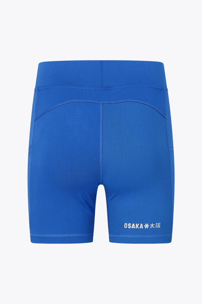 Osaka women tech short thights in princess blue with grey logo. Back flatlay view