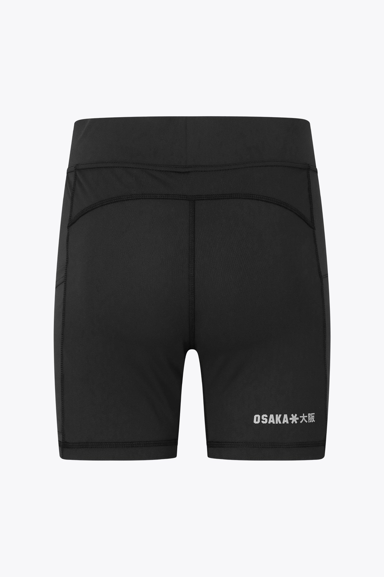 Osaka women tech short thights in black with grey logo. Back flatlay view