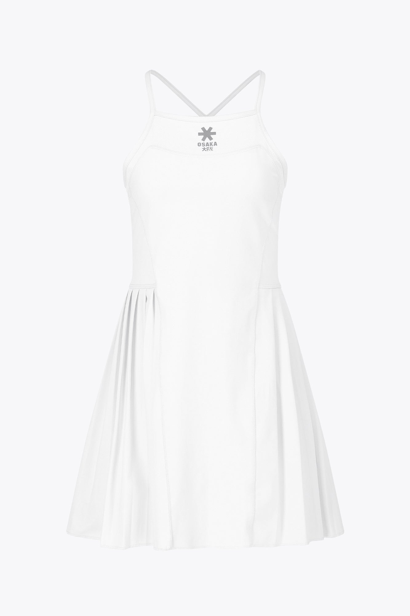  Osaka women pleated tech dress in white with grey logo. Front flatlay view