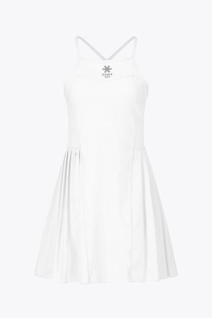  Osaka women pleated tech dress in white with grey logo. Front flatlay view