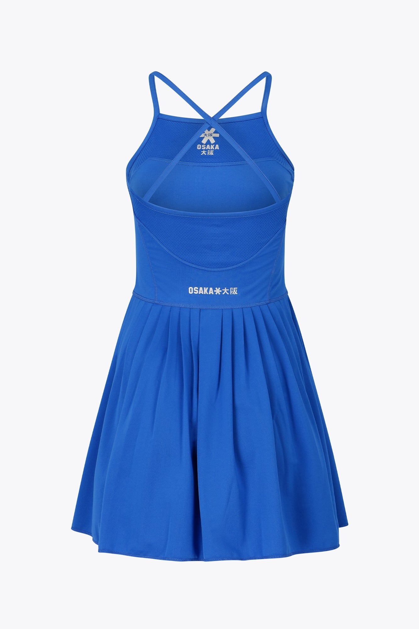 Osaka women pleated tech dress in princess blue with grey logo. Back flatlay view