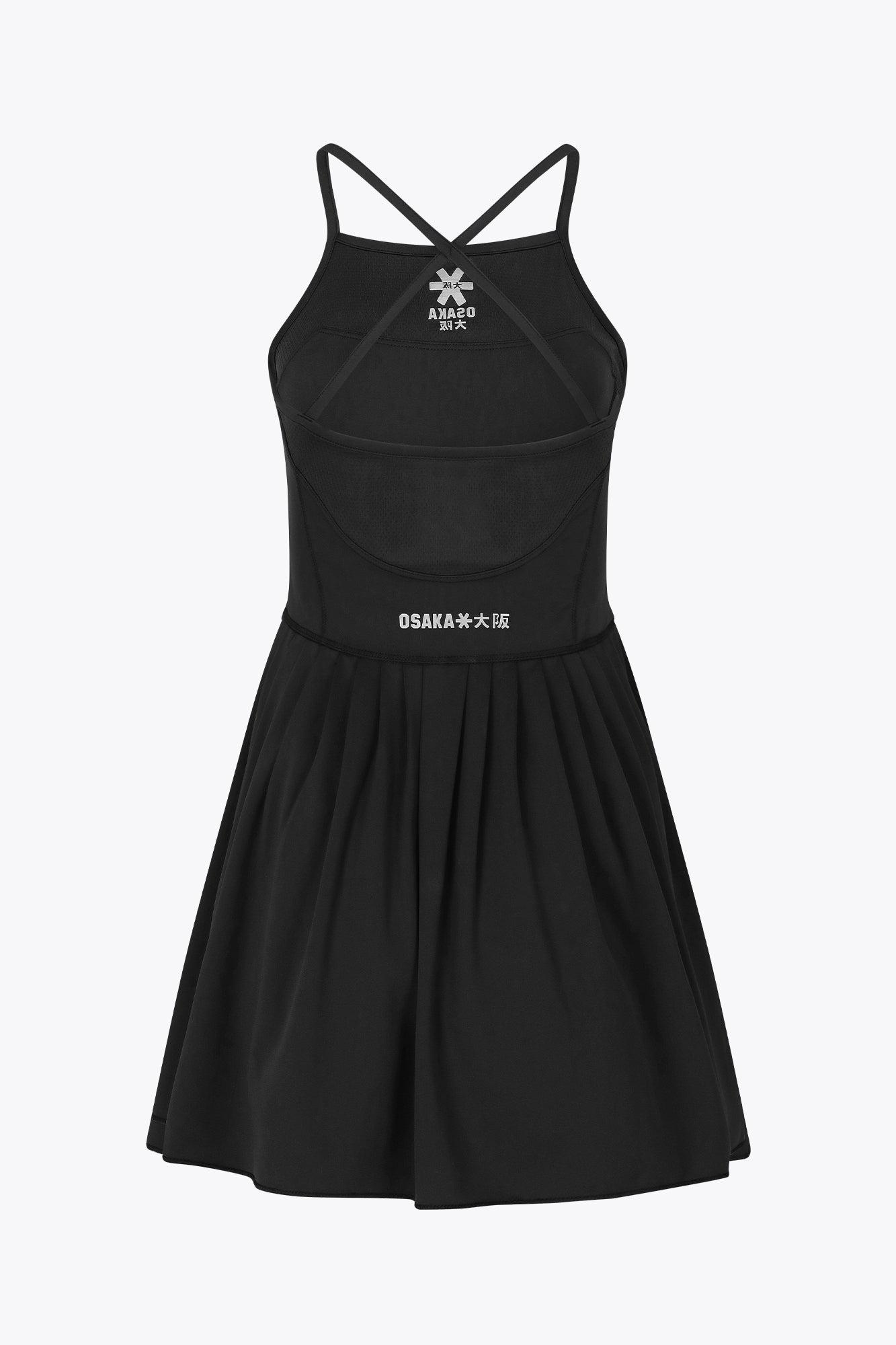 Osaka women pleated tech dress in black with grey logo. Back flatlay view