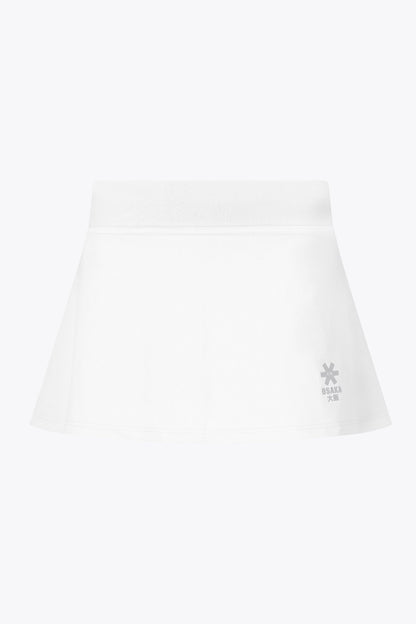 Osaka women floucy skort white with logo in grey. Front flatlay view