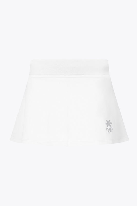 Osaka women floucy skort white with logo in grey. Front flatlay view