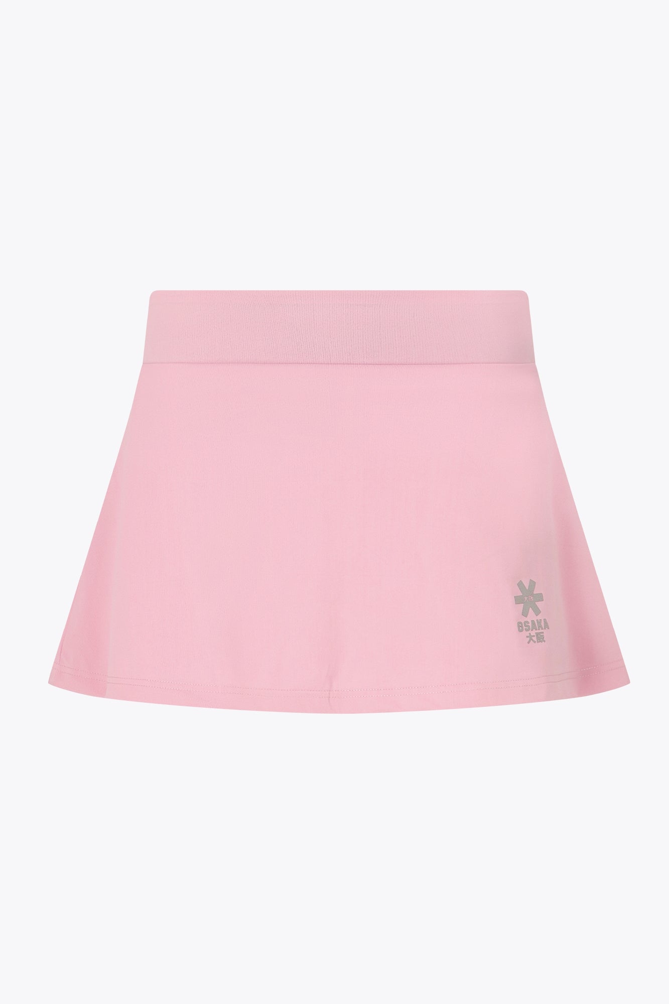 Osaka women floucy skort pink with logo in grey. Front flatlay view