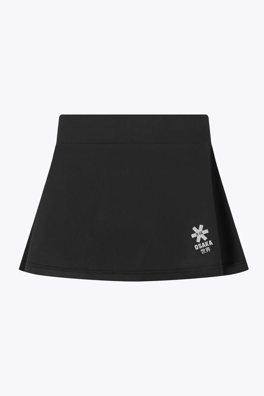 Osaka women floucy skort black with logo in grey. Front flatlay view