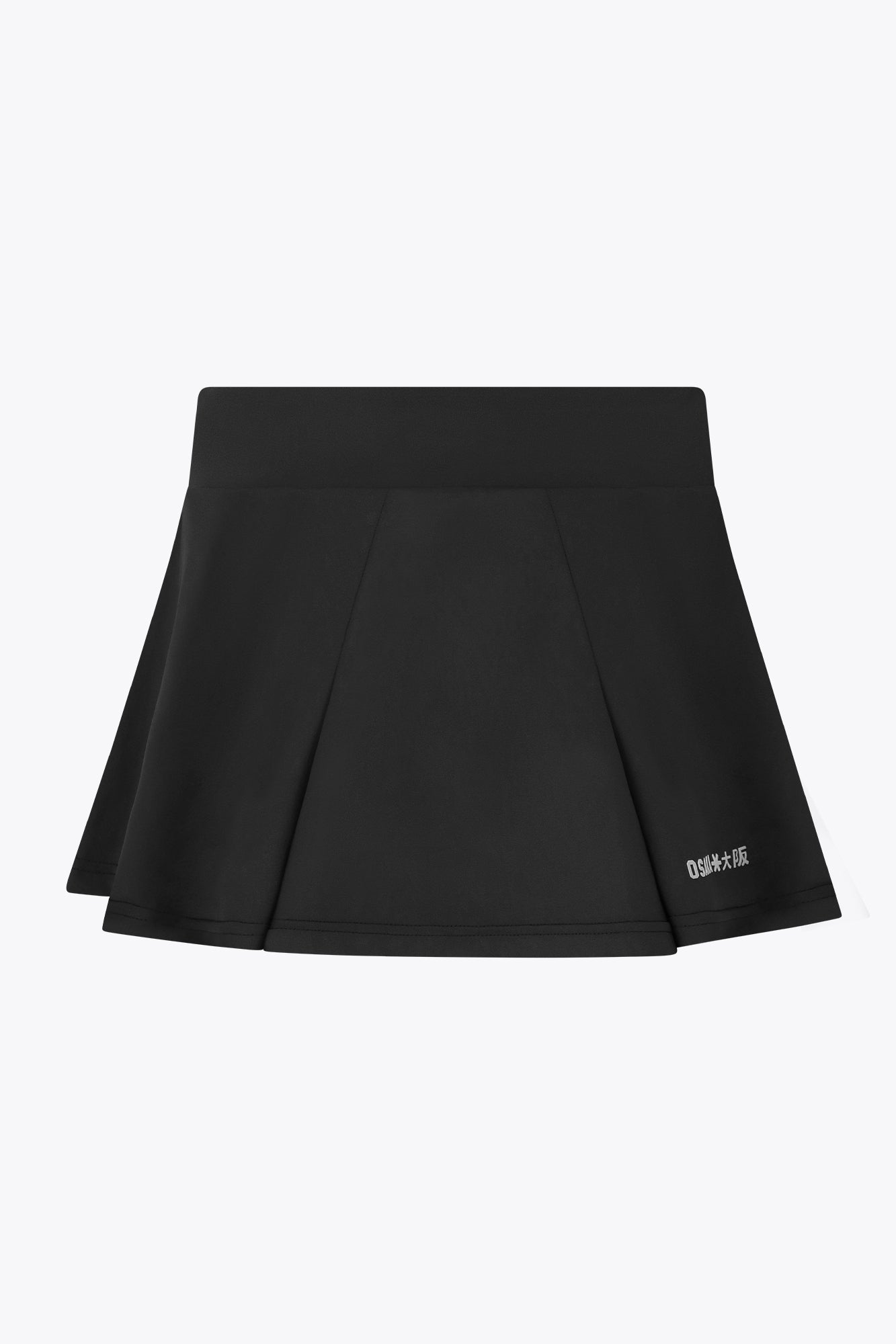 Osaka women floucy skort black with logo in grey. Back flatlay view