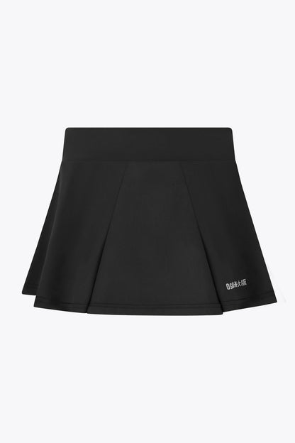 Osaka women floucy skort black with logo in grey. Back flatlay view